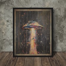 Listing image for Retro UFO Painting Fine Art Print, UAP Sci-fi Wall Art Poster, Alien Space Decor